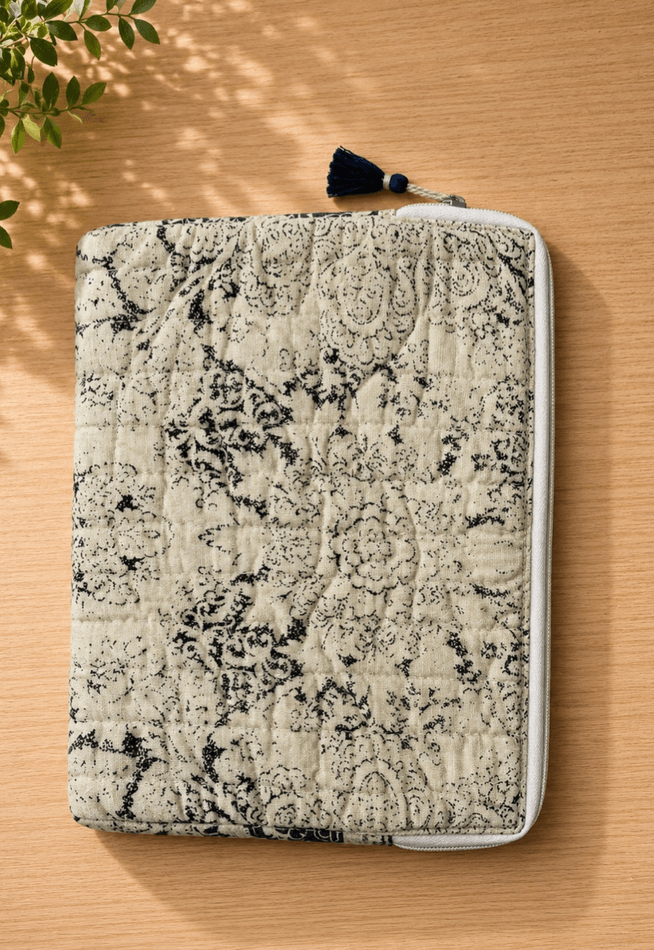 Reverse of the block printed iPad cover with a full quilted pattern