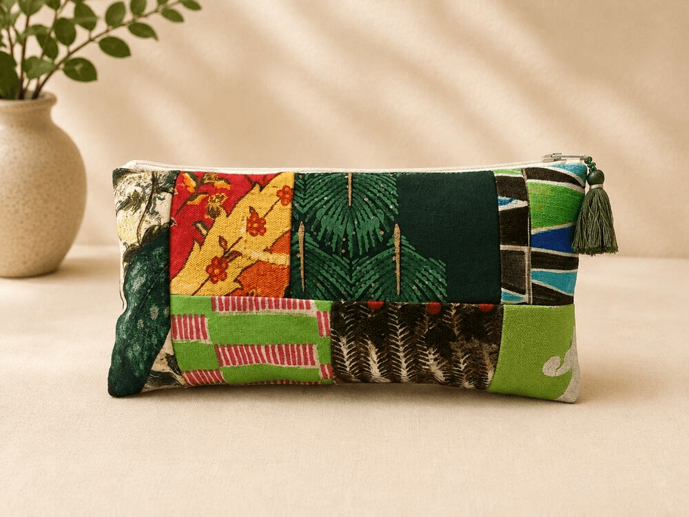 Block printed pencil pouch with a geometric patchwork front