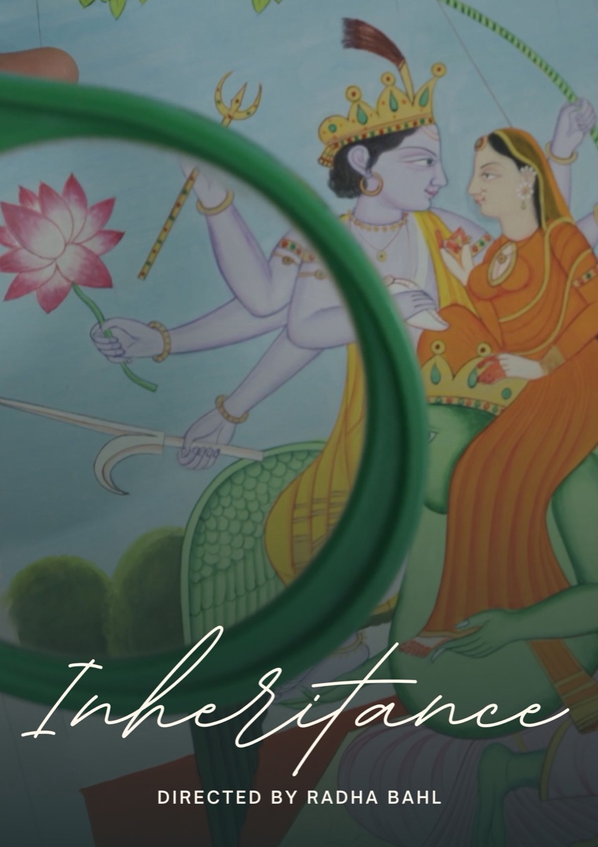 Poster for Inheritance, showing a magnifying glass over a Kangra miniature of Vishnu and Lakshmi