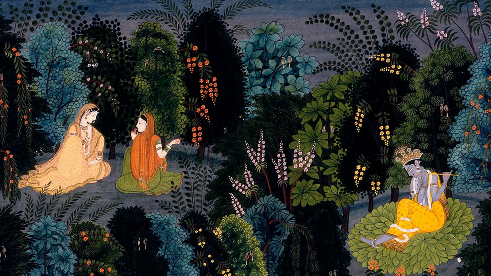 A historical Kangra miniature of figures seated in a moonlit grove