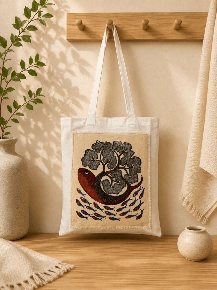 Gond art tote bag with raw-edge appliqué fringe
