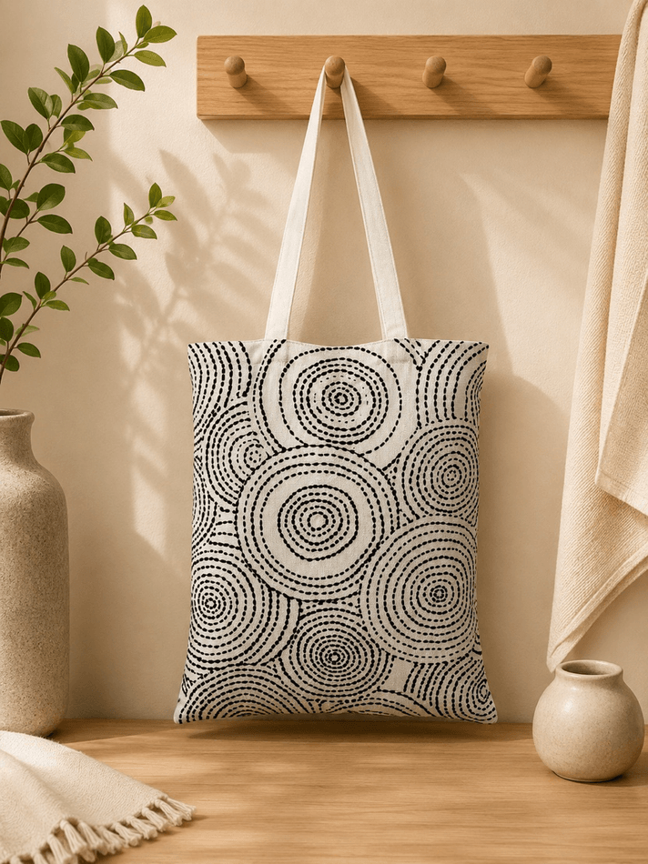 Reverse of the Madhubani tote with a dotted circle design