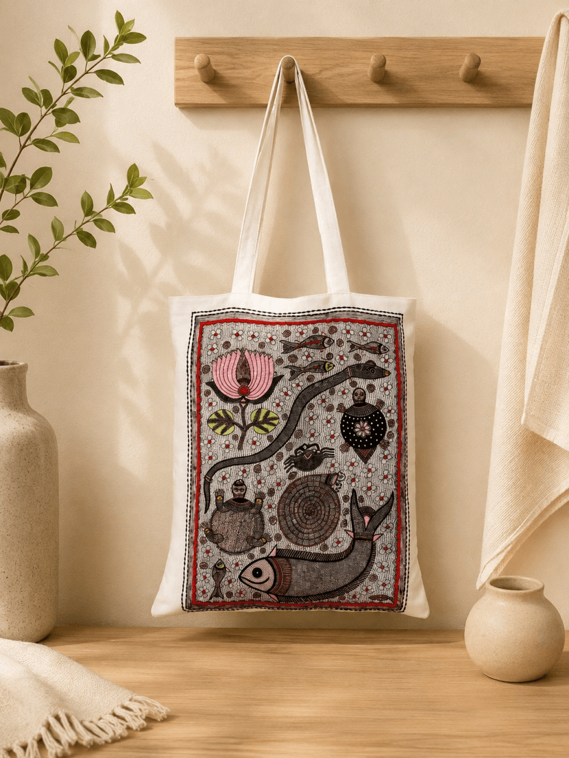 Front of the Madhubani tote with fish and floral motifs