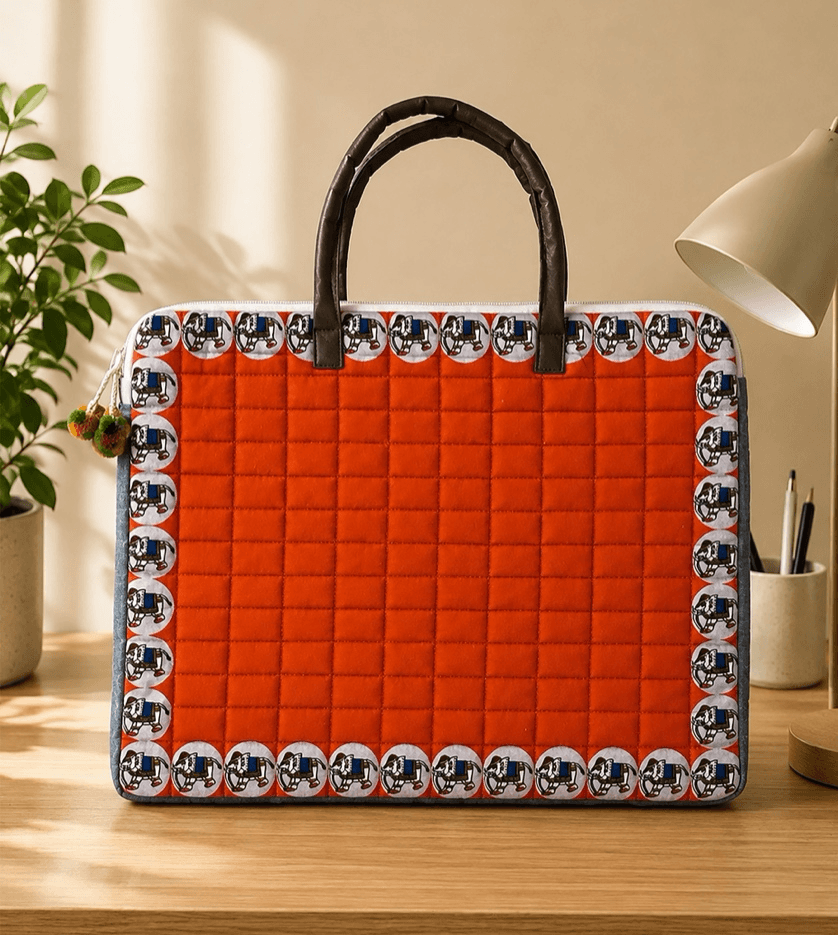 Reverse of the Phad laptop bag with an elephant border