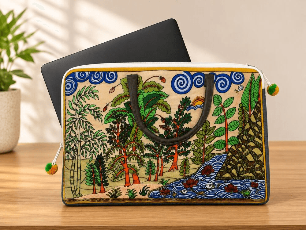 Phad art laptop bag with a forest and river scene
