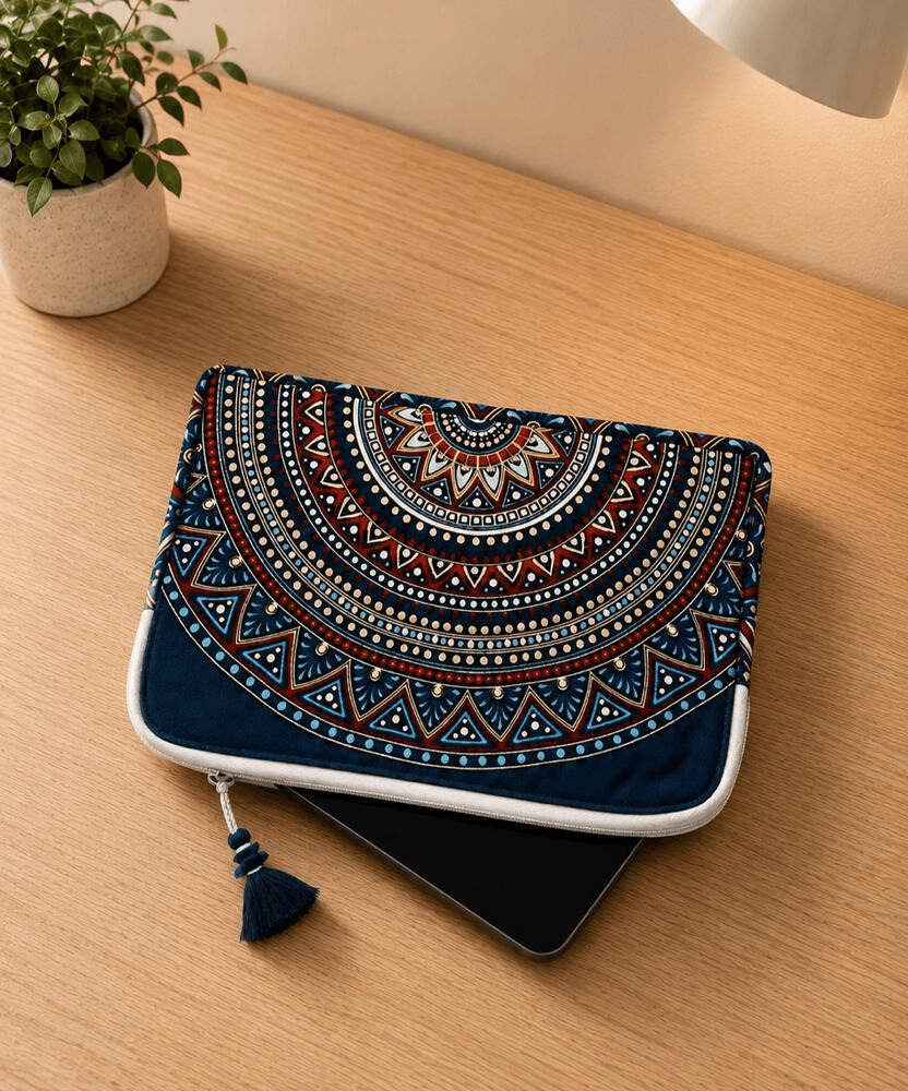 Rangoli art iPad cover with an indigo and rust mandala