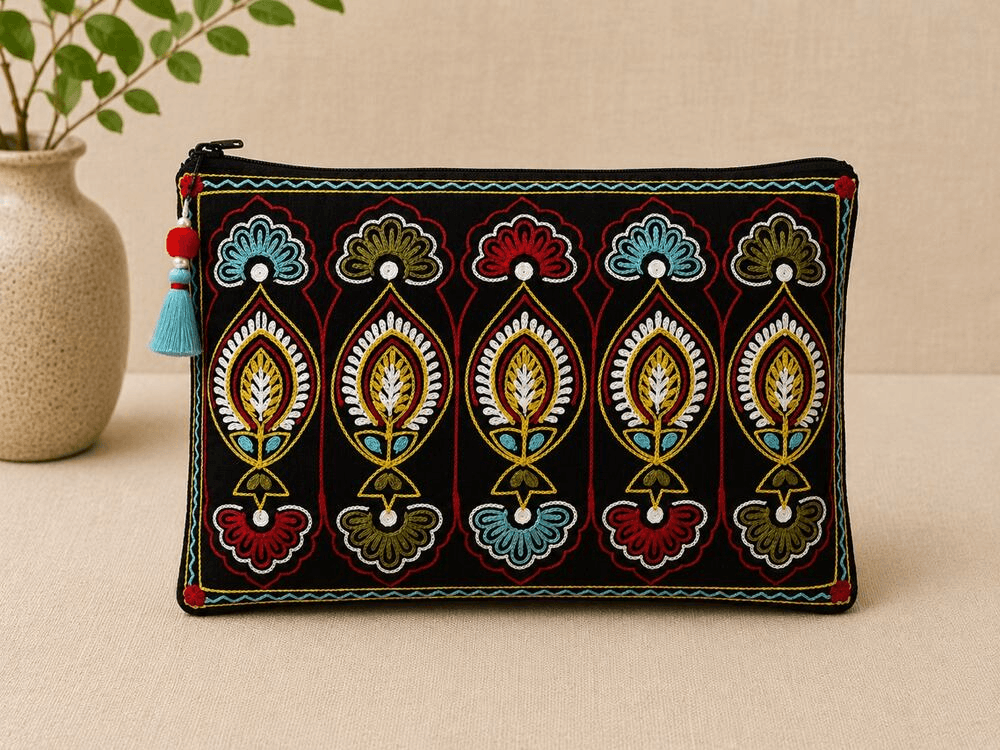 Rogan art pencil pouch with crewel embroidered florals