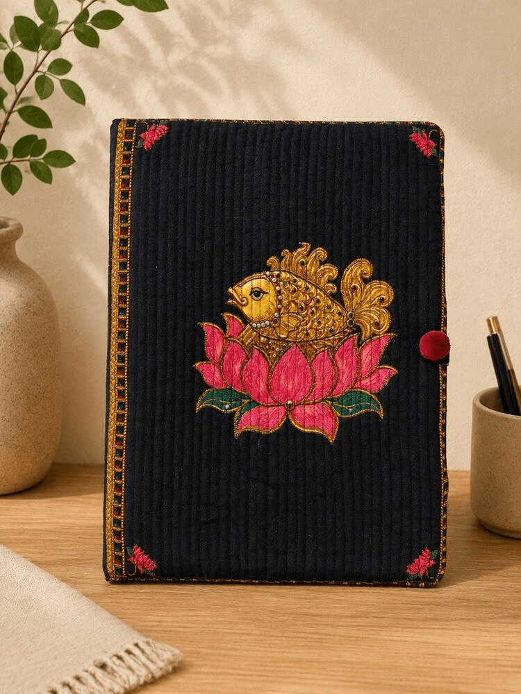 Tanjore painting document folder with gold fish and lotus embroidery