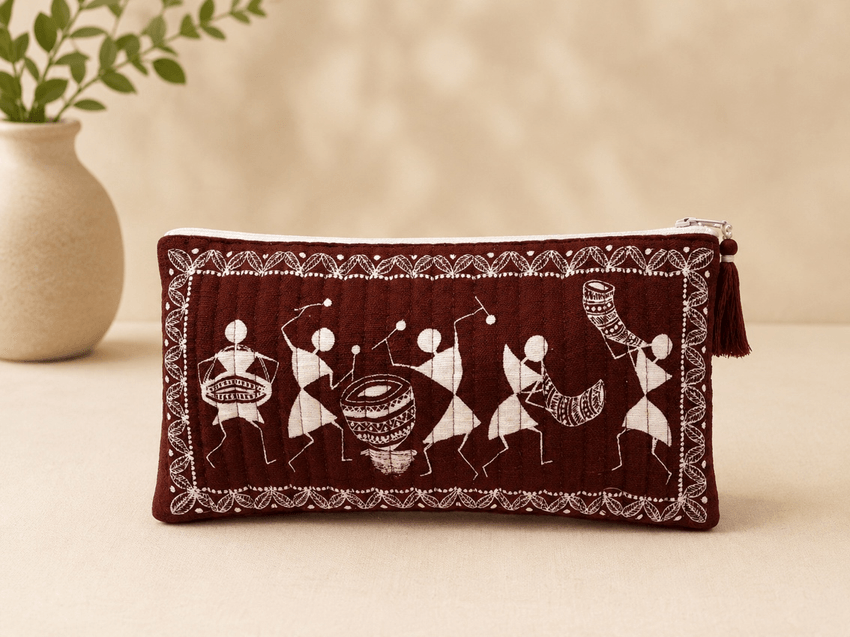 Reverse of the Warli pouch with dancing musicians